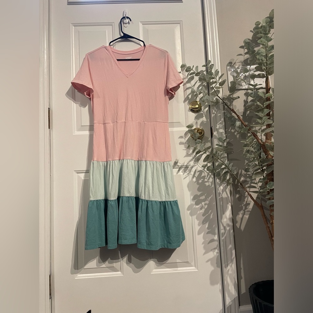 Lands End layered midi dress with pockets pink green teal size small 6-8